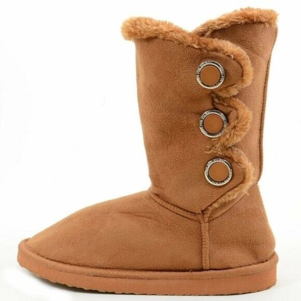 Furry Button Flat Vegan Suede Mid-Calf Slipper Boots NEW Women's Warm Booties